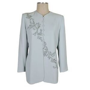 Le Suit Blazer Size 8P Long Embellished Beaded Sparkle Loop Buttons Mint Green
